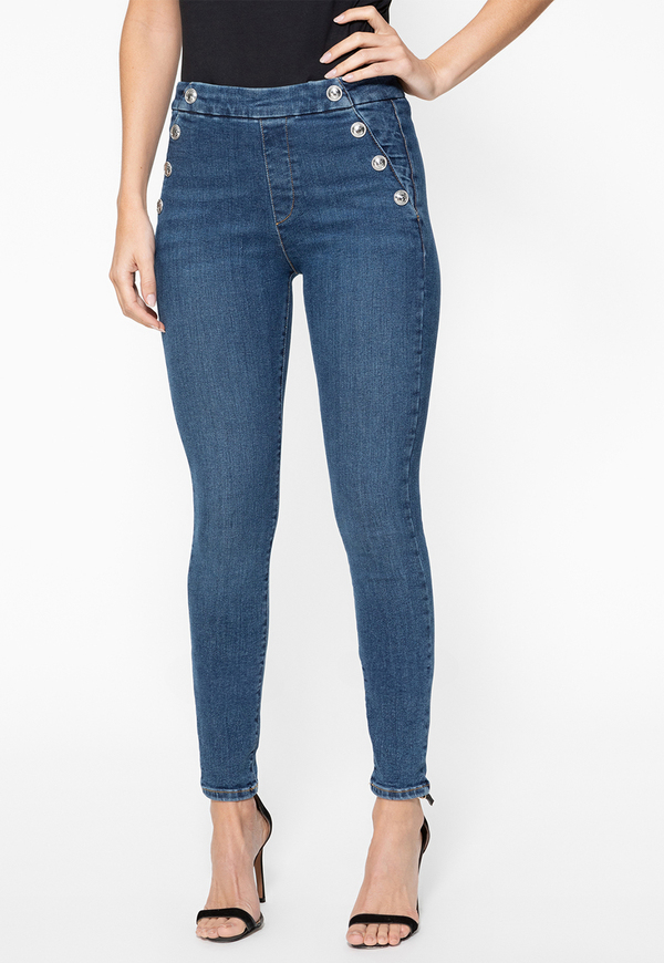 Calça Jeans Skinny Botões Laterais