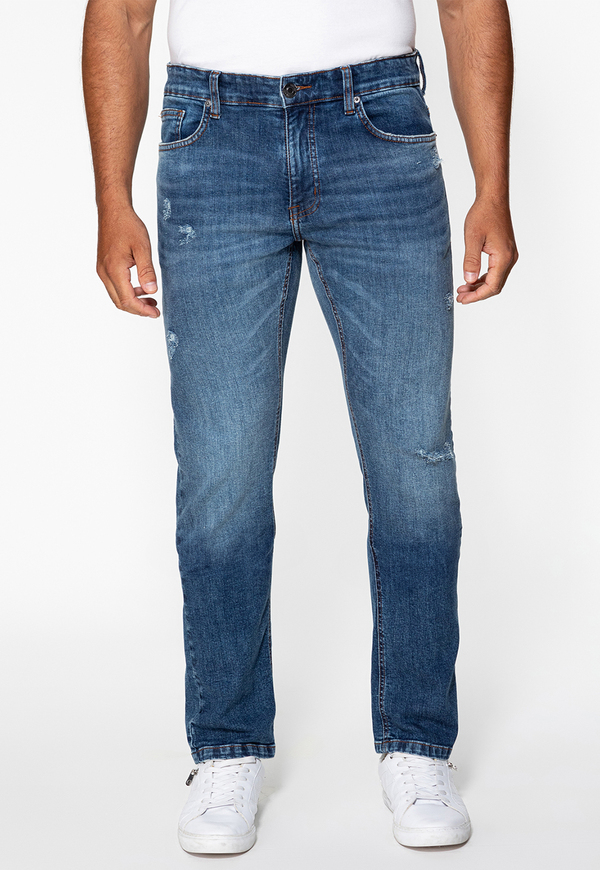 Calça Jeans Slim Straight Puídos